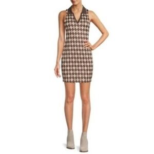 Madden NYC Women's Argyle Pattern Sleeveless Collared Knit Dress Brown‎ Tan Size